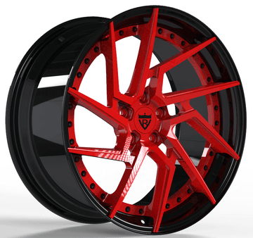 Custom 2-piece forged wheels in red and black finish, designed for performance vehicles like Ferrari and BMW.